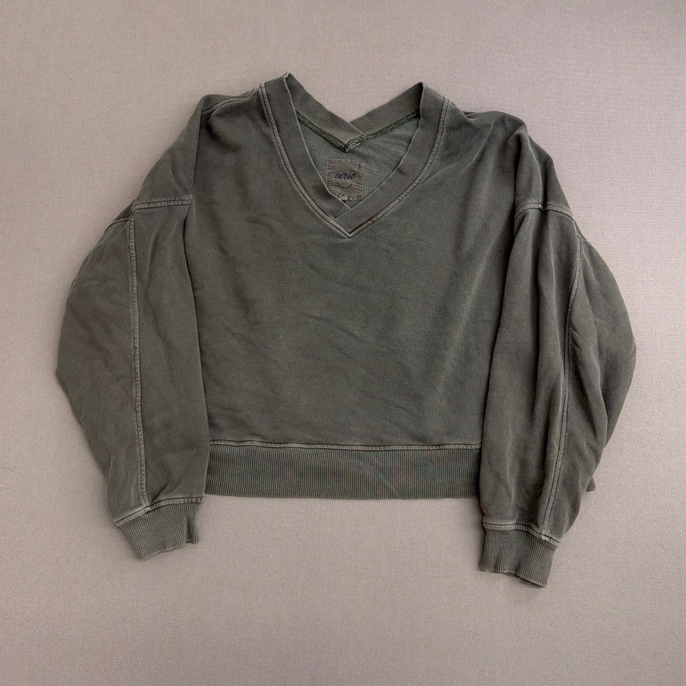 Aerie Womens V-Neck Cropped Sweatshirt Olive Green Oversized Pullover XS
